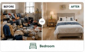 Illustrative before and after decluttering example for a bedroom