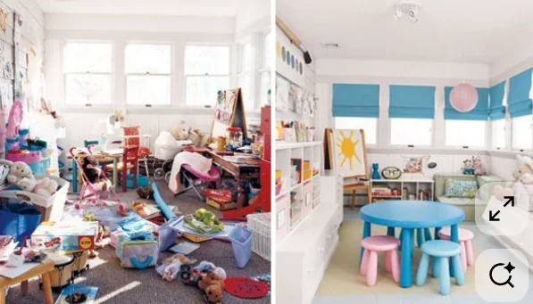 Playroom before and after decluttering and organisation