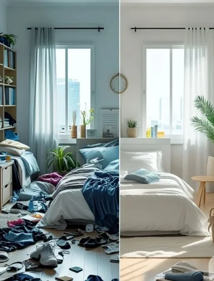 Small bedroom before and after decluttering