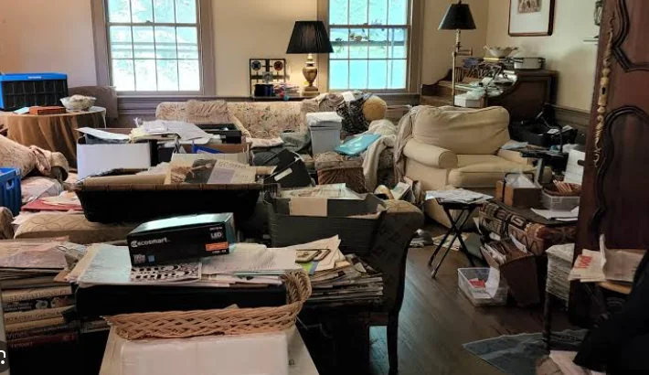 Heavily cluttered living room before decluttering