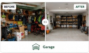Illustrative before and after decluttering example for a garage