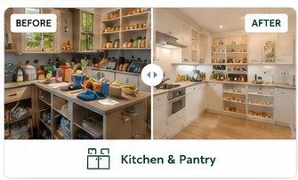 Illustrative before and after decluttering example for a kitchen and pantry