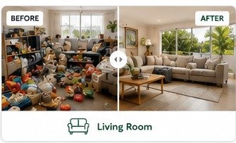 Illustrative before and after decluttering example for a living room